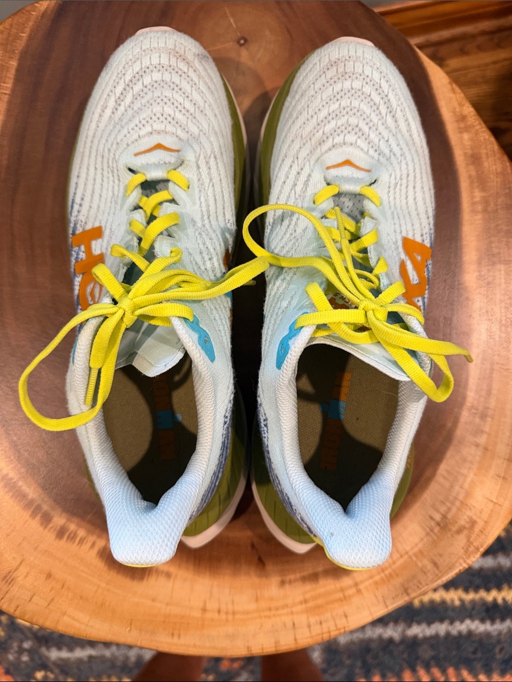 Hoka Light Blue Sneakers with Yellow Laces and Olive accents - Picture 4 of 5